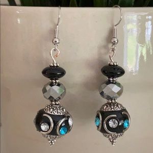 Elegant blue, black, silver handmade earrings